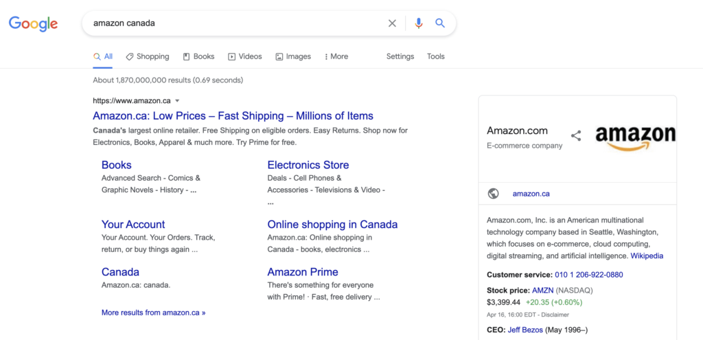 GoogleでAmazon Canadaを検索します