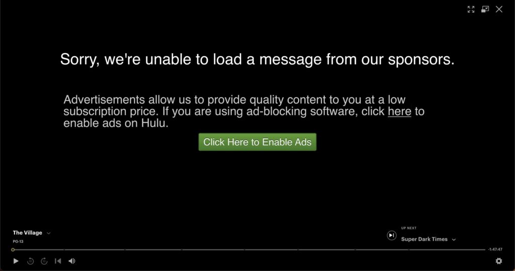 Huluの広告ブロッキングエラー