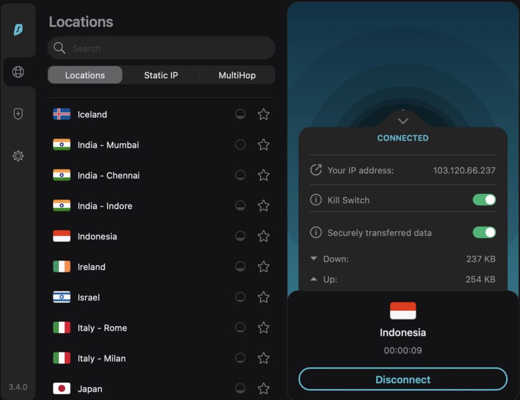 インドネシアのサーバーに接続されたSurfshark