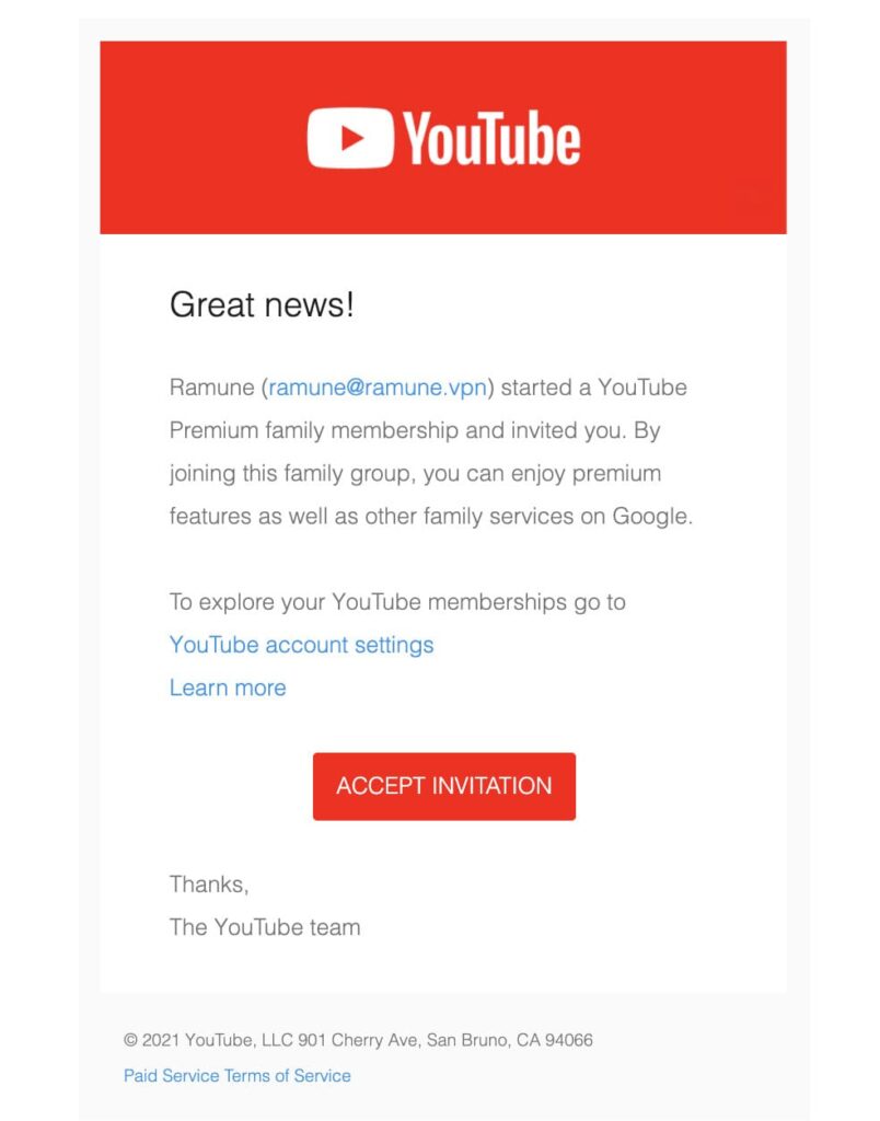 YouTube Premiumの家族への招待状をメールで送信します
