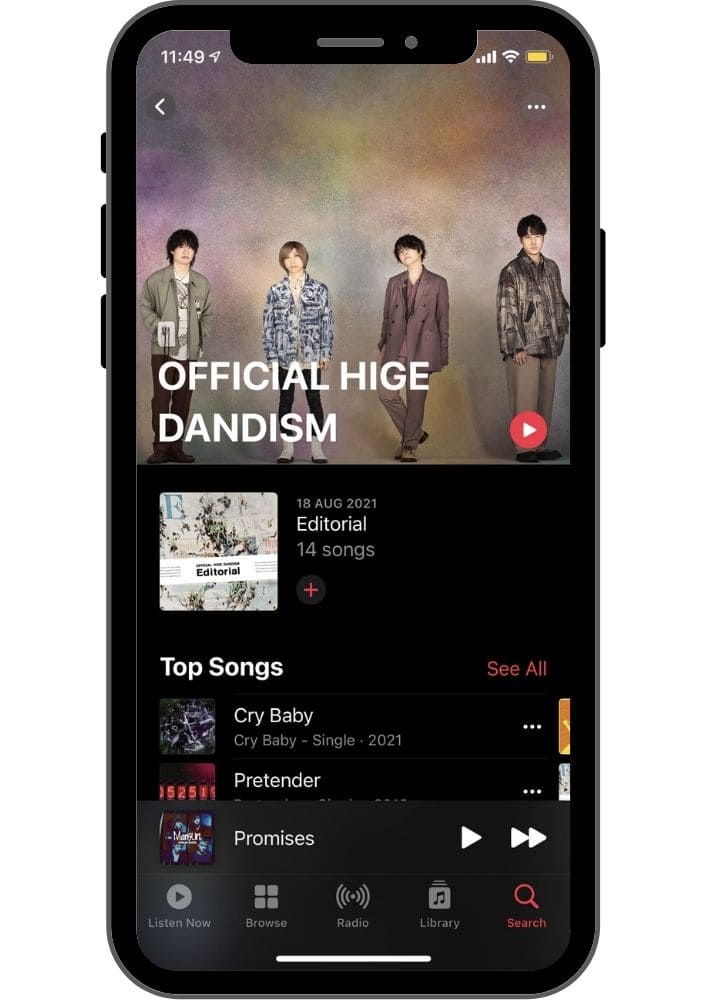 Apple Music Mobileの公式Hige Dandismの歌