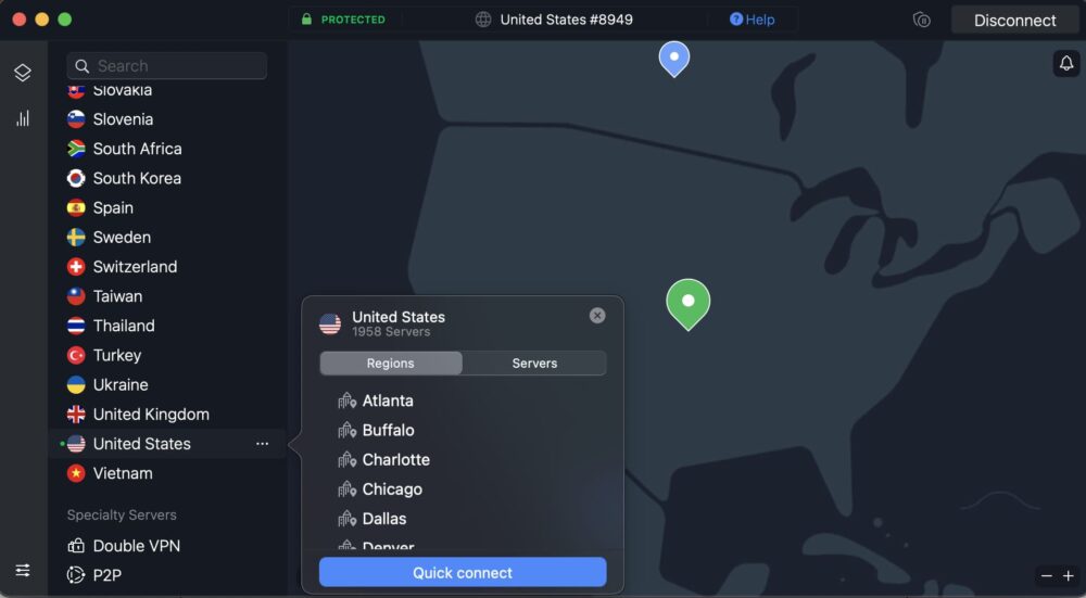 American Serverに接続されたnordvpn